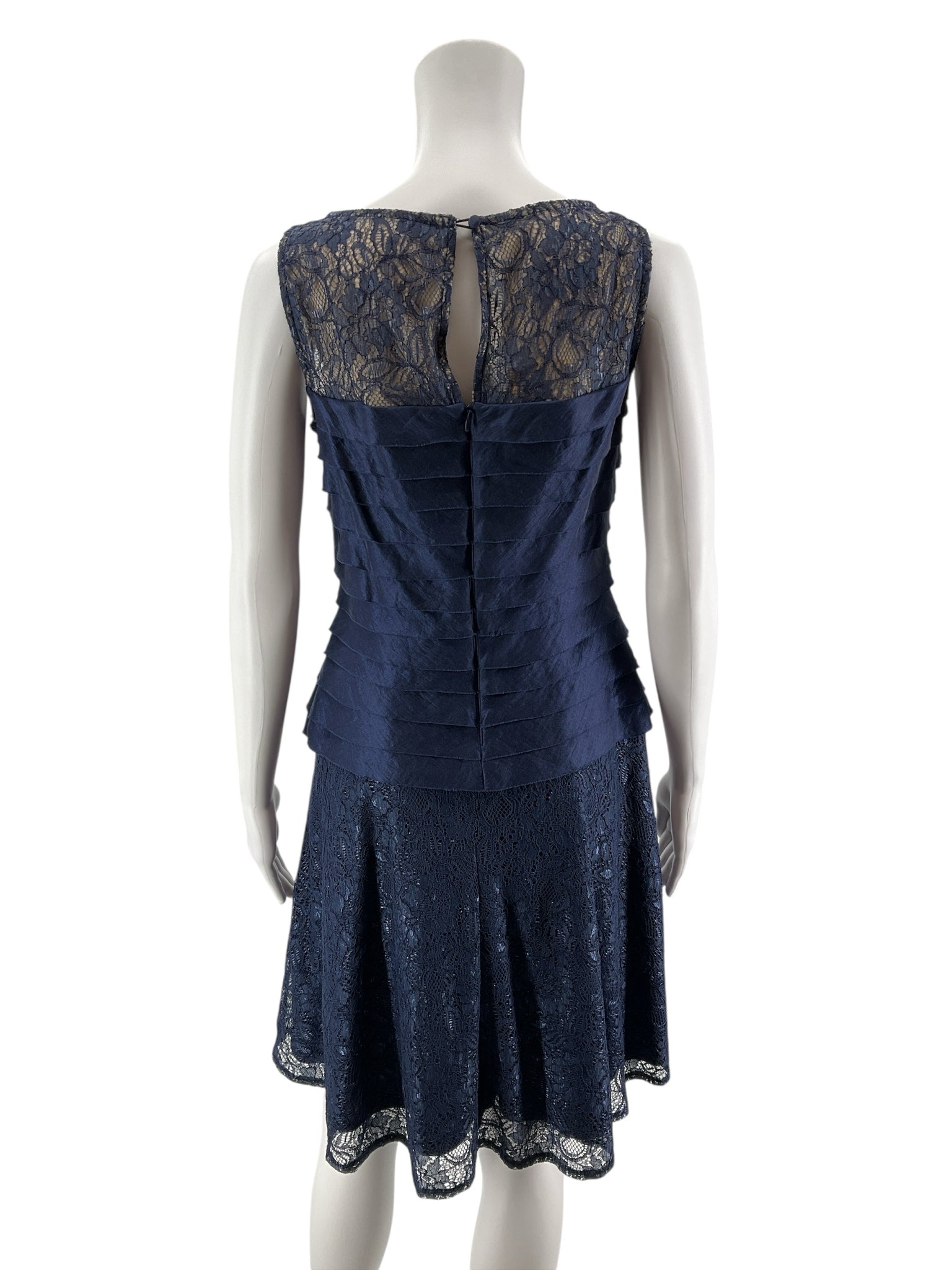 London Times Navy Blue Lace Tiered Illusion Yoke Cocktail Dress Size 4 - ONLINE ONLY