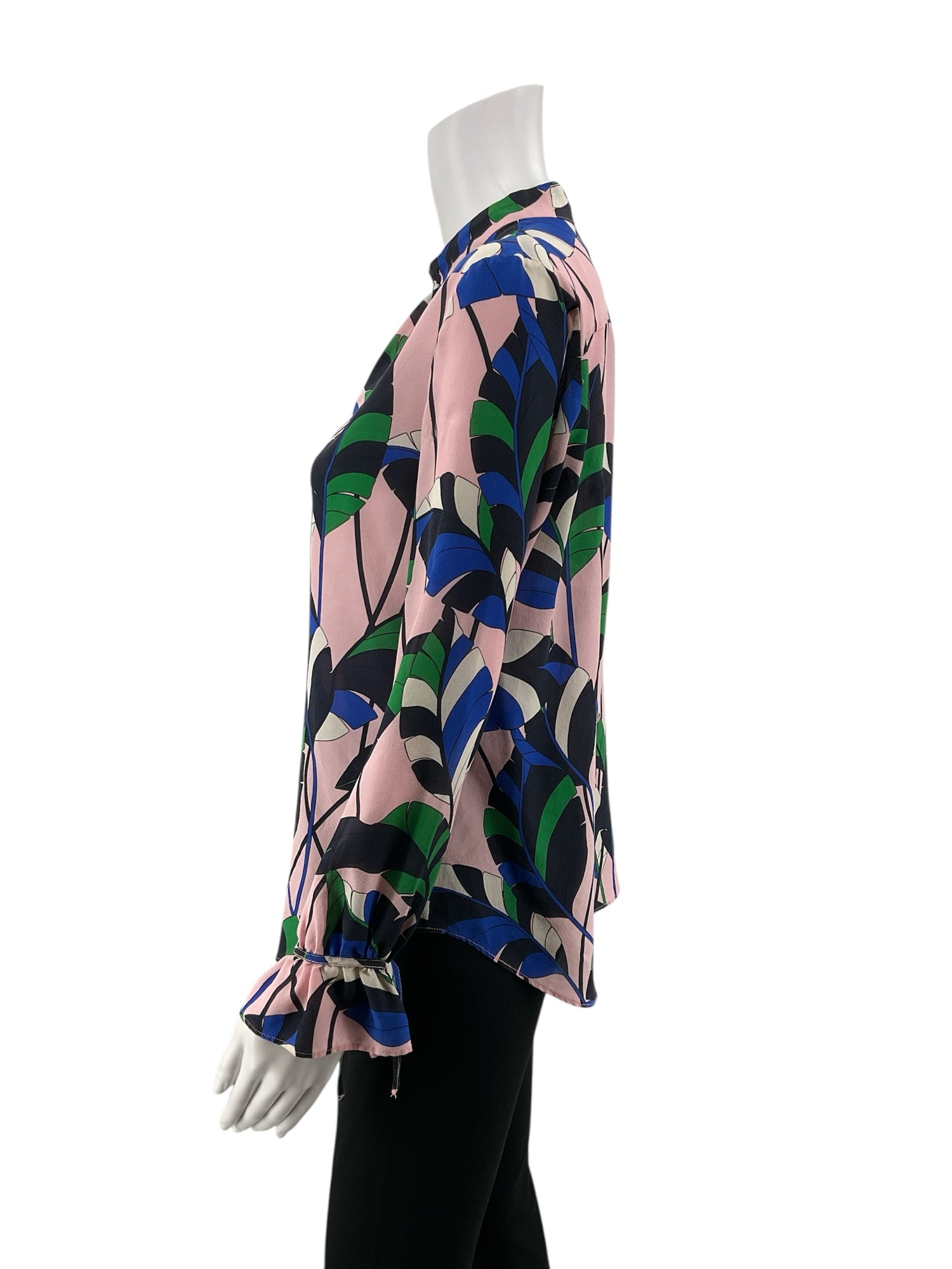 Ann Taylor pink/blue/green Long Sleeve Leaf Print 100% Silk Tie Cuff Blouse Pink Green Blue Size Small - Size S