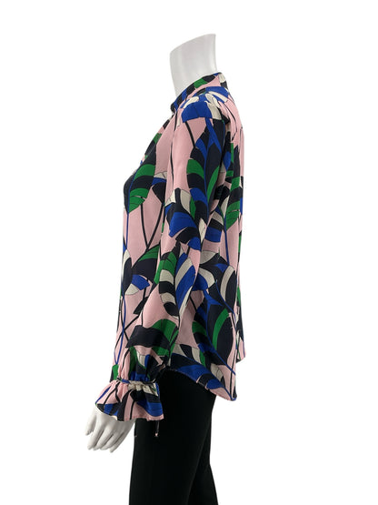 Ann Taylor pink/blue/green Long Sleeve Leaf Print 100% Silk Tie Cuff Blouse Pink Green Blue Size Small - Size S