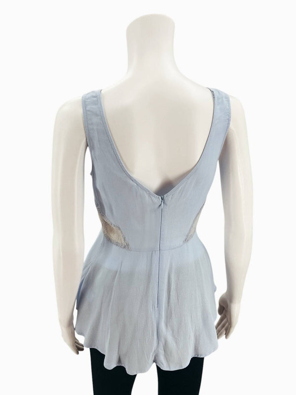 Back view of Lush Blue/Tan Lace Top Size Small showing deep V-back and lace accents, available at Margaret’s Fine Consignments.
