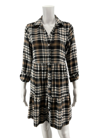LOFT Plaid Tiered Shirtdress Tan Black Viscose Blend Size XS