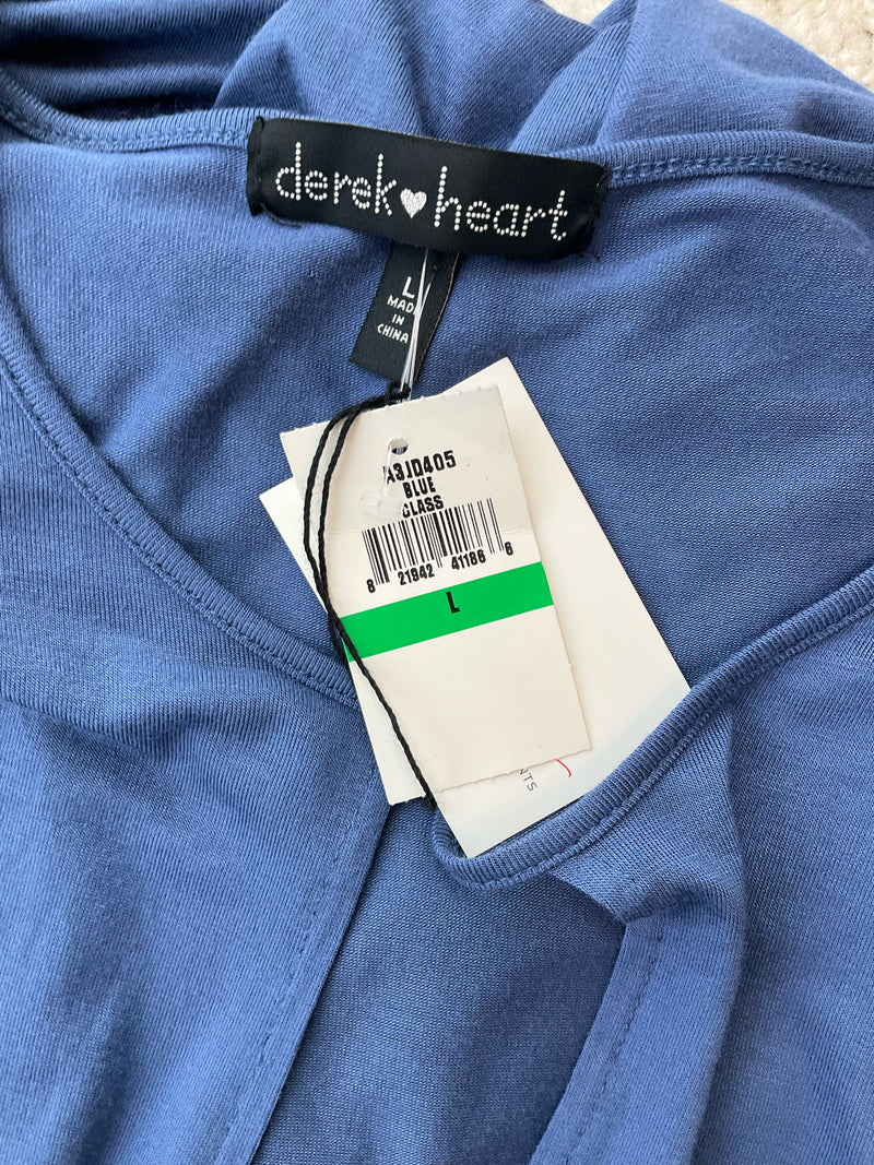 Close-up of Derek Heart brand label and attached tags confirming new with tags status for Size Large Blue Solid Dress.