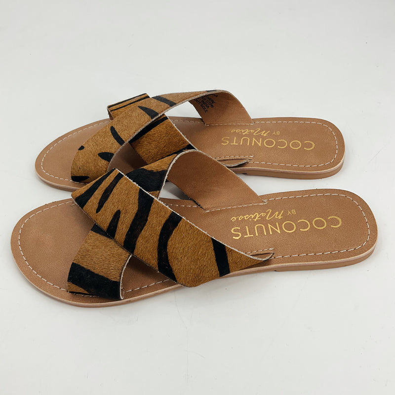 Coconuts by Matisse Tiki Tiger Print Slide Sandals in brown and black with criss-cross straps, flat sole, and open toe design. Women's Size 7.