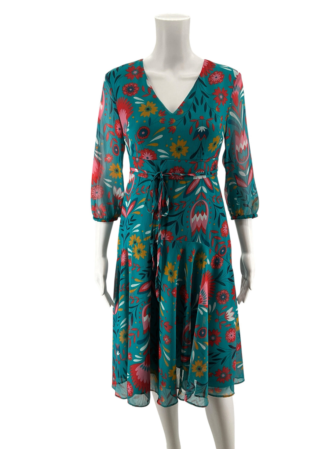 Boden Amelie Dress Size 6P Teal Pop Pansy Floral V-Neck A-Line Tie Waist