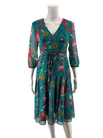 Boden Amelie Dress Size 6P Teal Pop Pansy Floral V-Neck A-Line Tie Waist