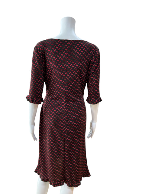 Connected Apparel Faux Wrap Dress Black Red Dot Ruffle Trim Size 10