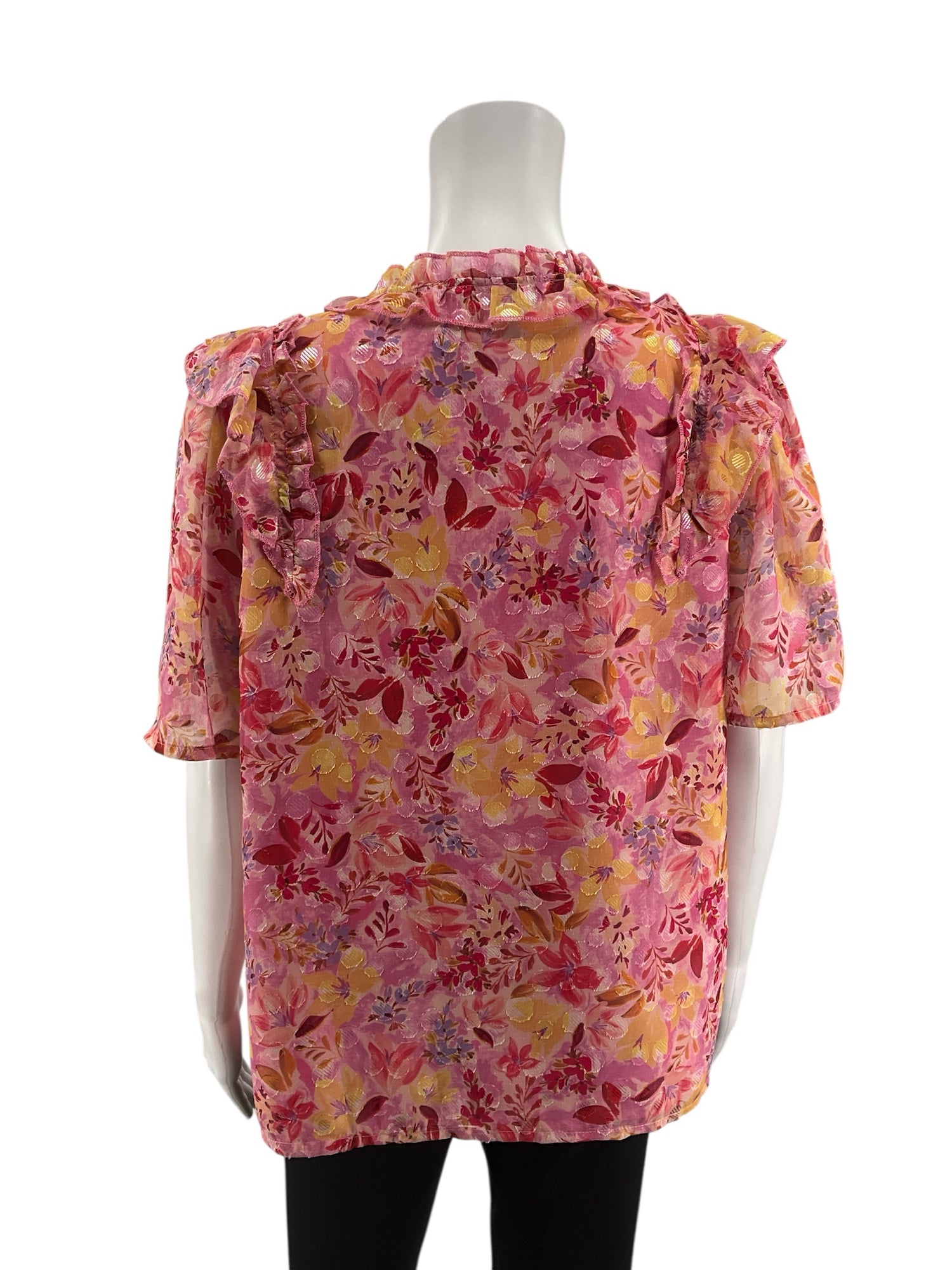 Greylin pink/multi Short Sleeve Adela Ruffle Trim Floral Blouse Pink Metallic NWT Size Large - Size L