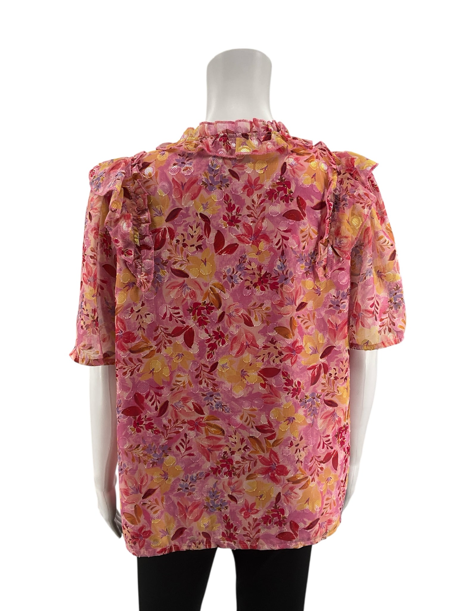 Greylin pink/multi Short Sleeve Adela Ruffle Trim Floral Blouse Pink Metallic NWT Size Large - Size L