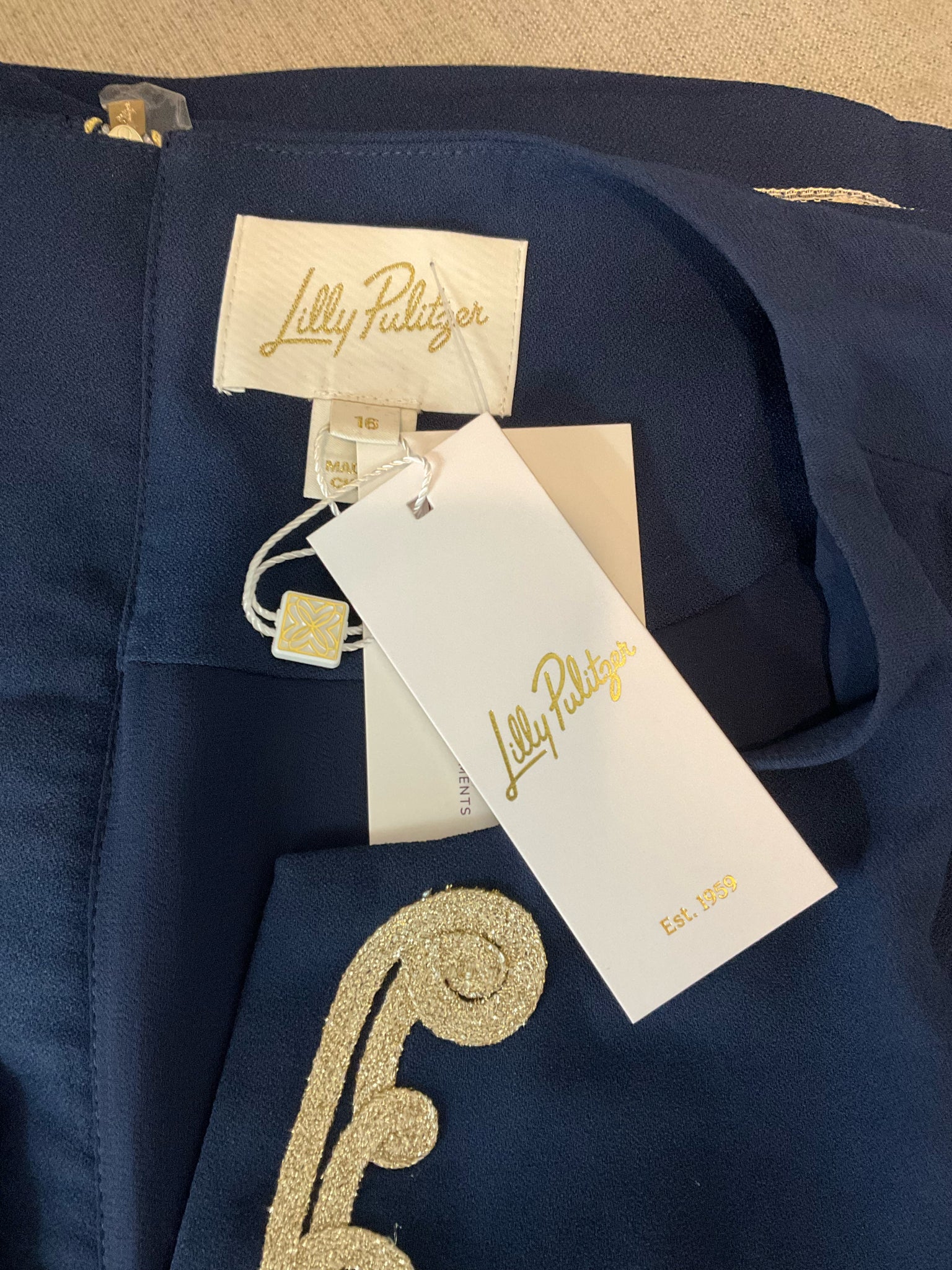 Lilly Pulitzer Kade Dress Navy Gold Embroidered Shift Size 16 NWT