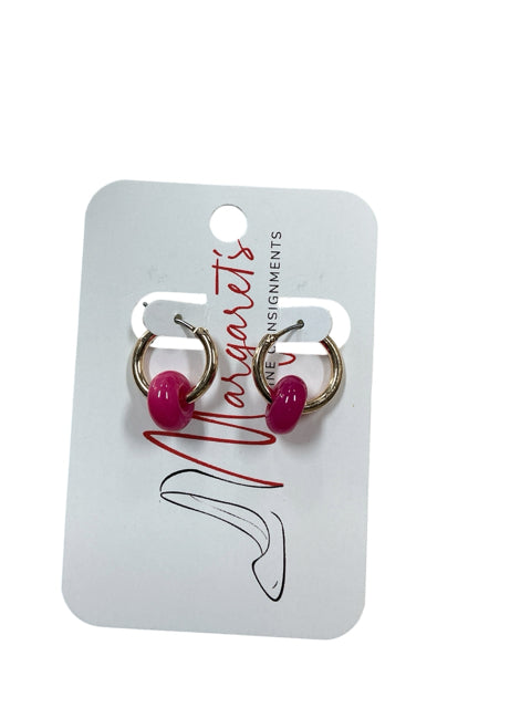 Gold Tone Hoop Earrings with Hot Pink Bead