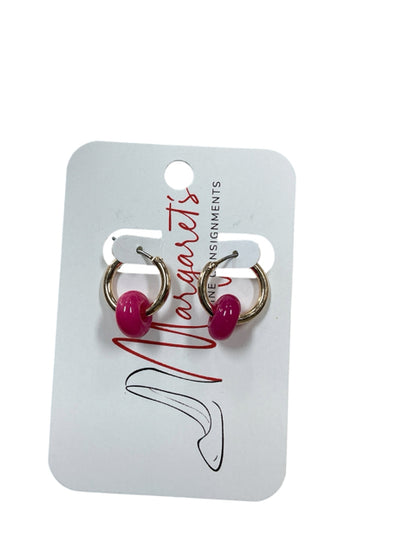 Gold Tone Hoop Earrings with Hot Pink Bead