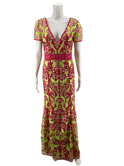 Marchesa Notte Bird &amp;amp; Floral Embroidered Lace Gown Pink Green Size 6 - ONLINE ONLY