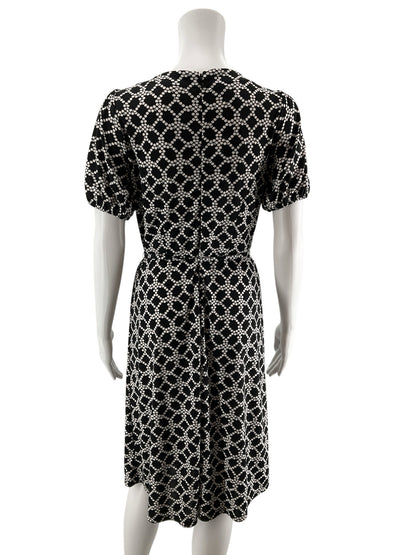 Talbots Petite Dot Lattice Tie-Waist Dress Black White Size Small Petite