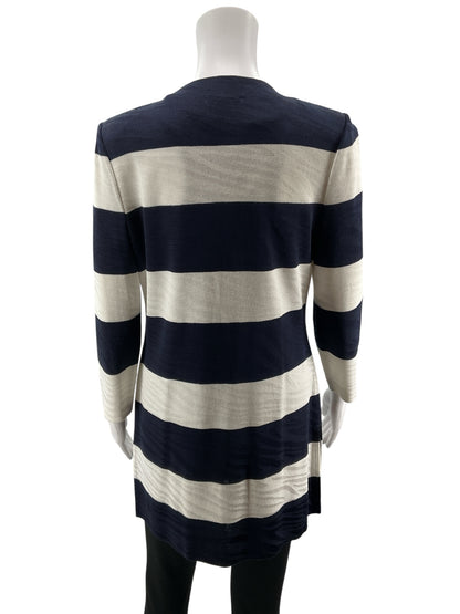 Ming Wang Striped Knit Topper Jacket Cardigan Navy White Gold Button Size XS