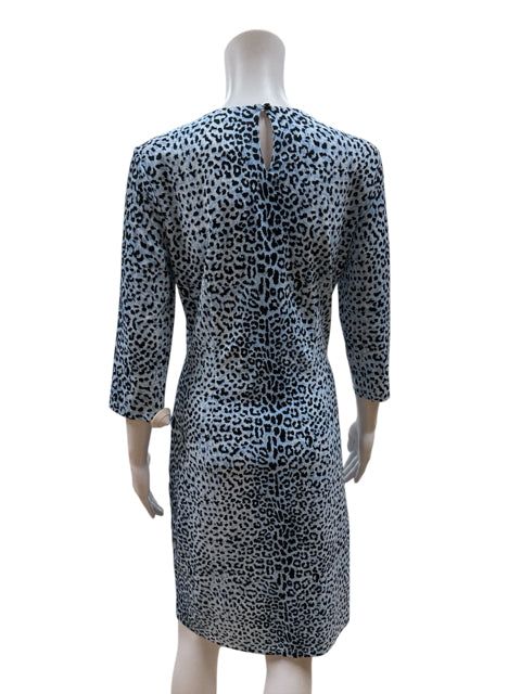 Back view of J. McLaughlin Blue Animal Print Dress, size M, showcasing keyhole back detail and 3/4 sleeves in a sheath style.