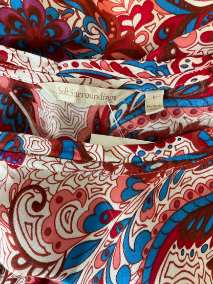 Soft Surroundings Tan/Red/Blue Boho Delphine Paisley Tiered Midi Dress Boho Cap Sleeve Size Large - Size L