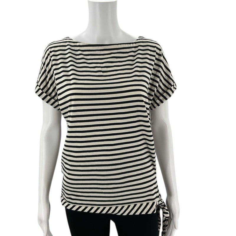 Ralph Lauren White/Black Stripe Pre-Owned Casual Top - Size Small with short sleeves and side tie detail, ideal for summer wear.