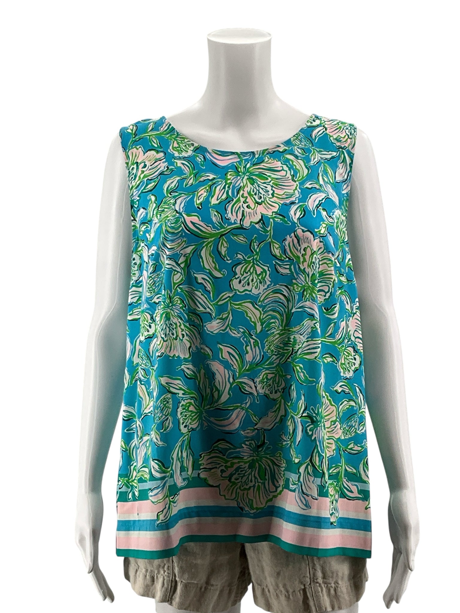 Lilly Pulitzer Florin Button Back Sleeveless Top Large Turquoise Green Floral
