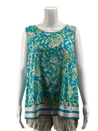Lilly Pulitzer Florin Button Back Sleeveless Top Large Turquoise Green Floral