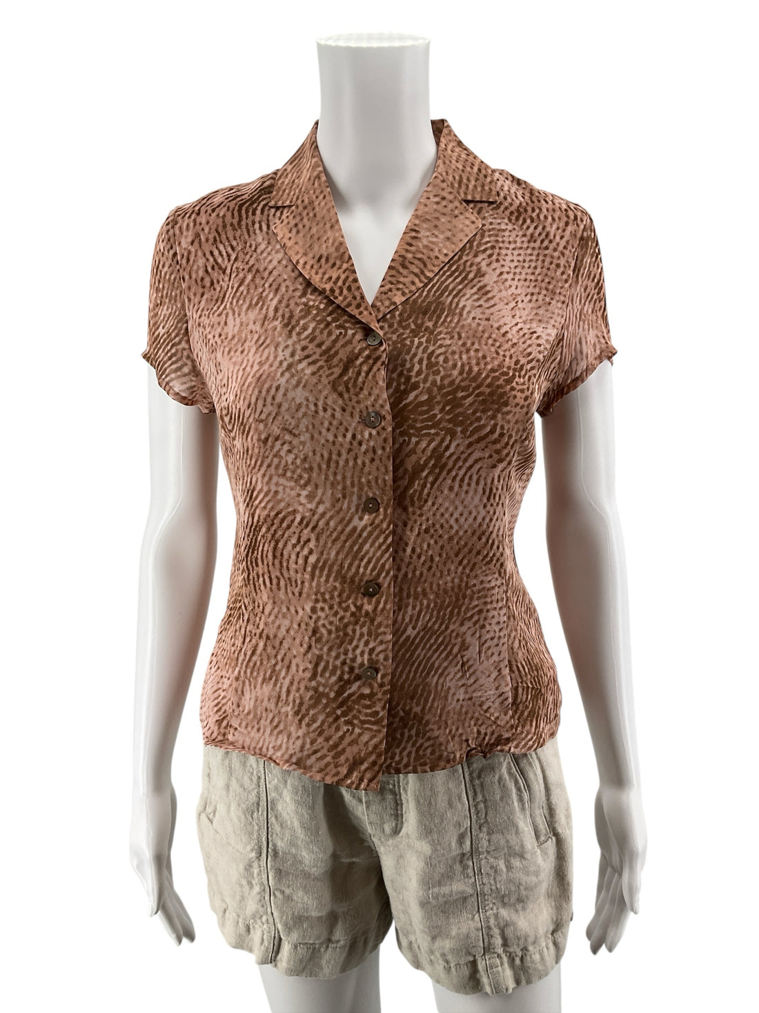 Kate Hill Petites Silk Animal Print Short Sleeve Button Up Blouse Top Size 2P