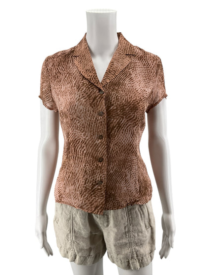 Kate Hill Petites Silk Animal Print Short Sleeve Button Up Blouse Top Size 2P