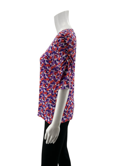 Doncaster purple/red/white Short Sleeve Geometric Print Ruched Sleeve Top Size Small Red Purple White Stretch Jersey - Size S