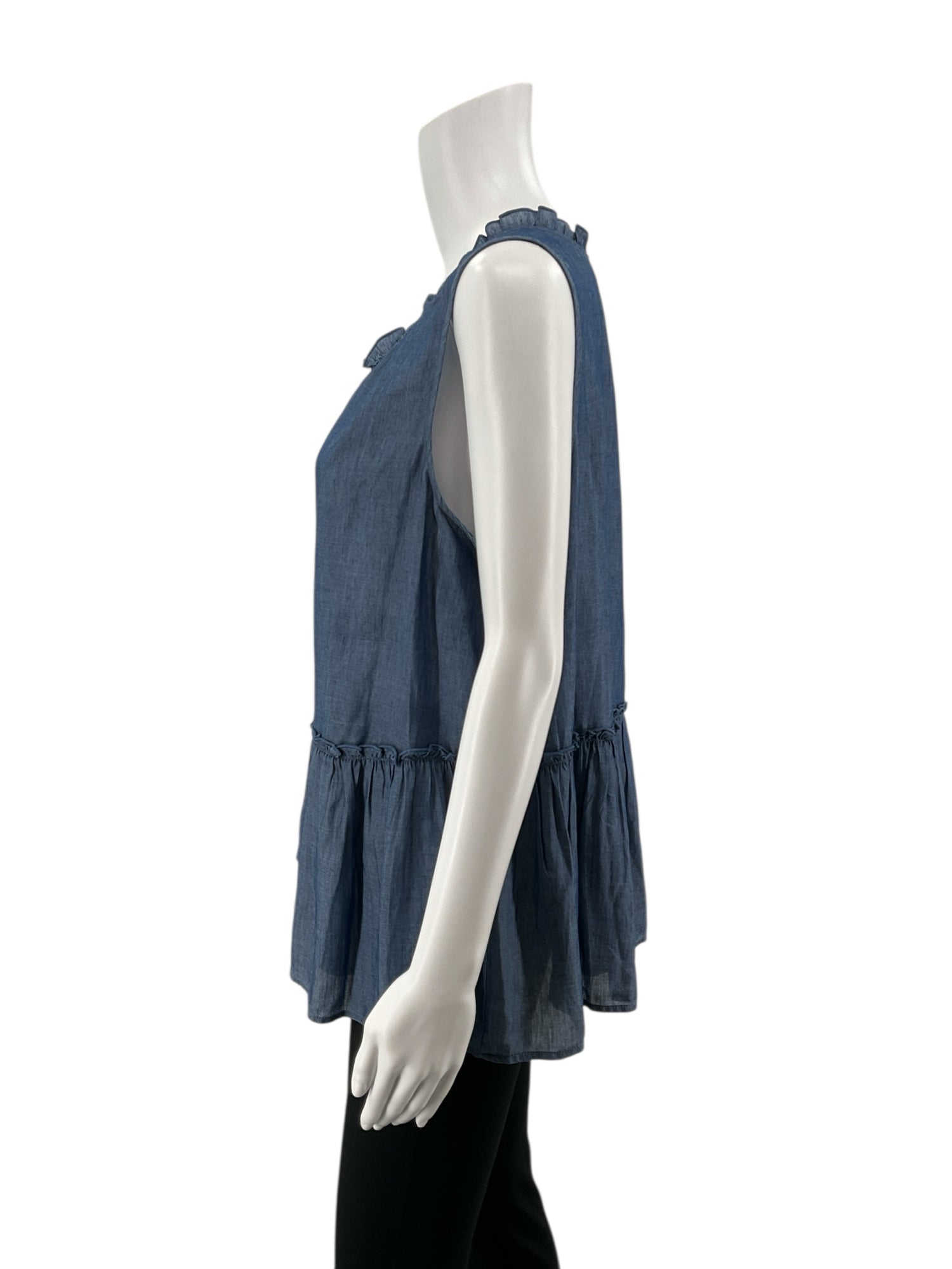 LOFT Outlet Blue Sleeveless LOFT Ruffle Tie Neck Tiered Chambray Tunic Top NWT Size Large - Size L