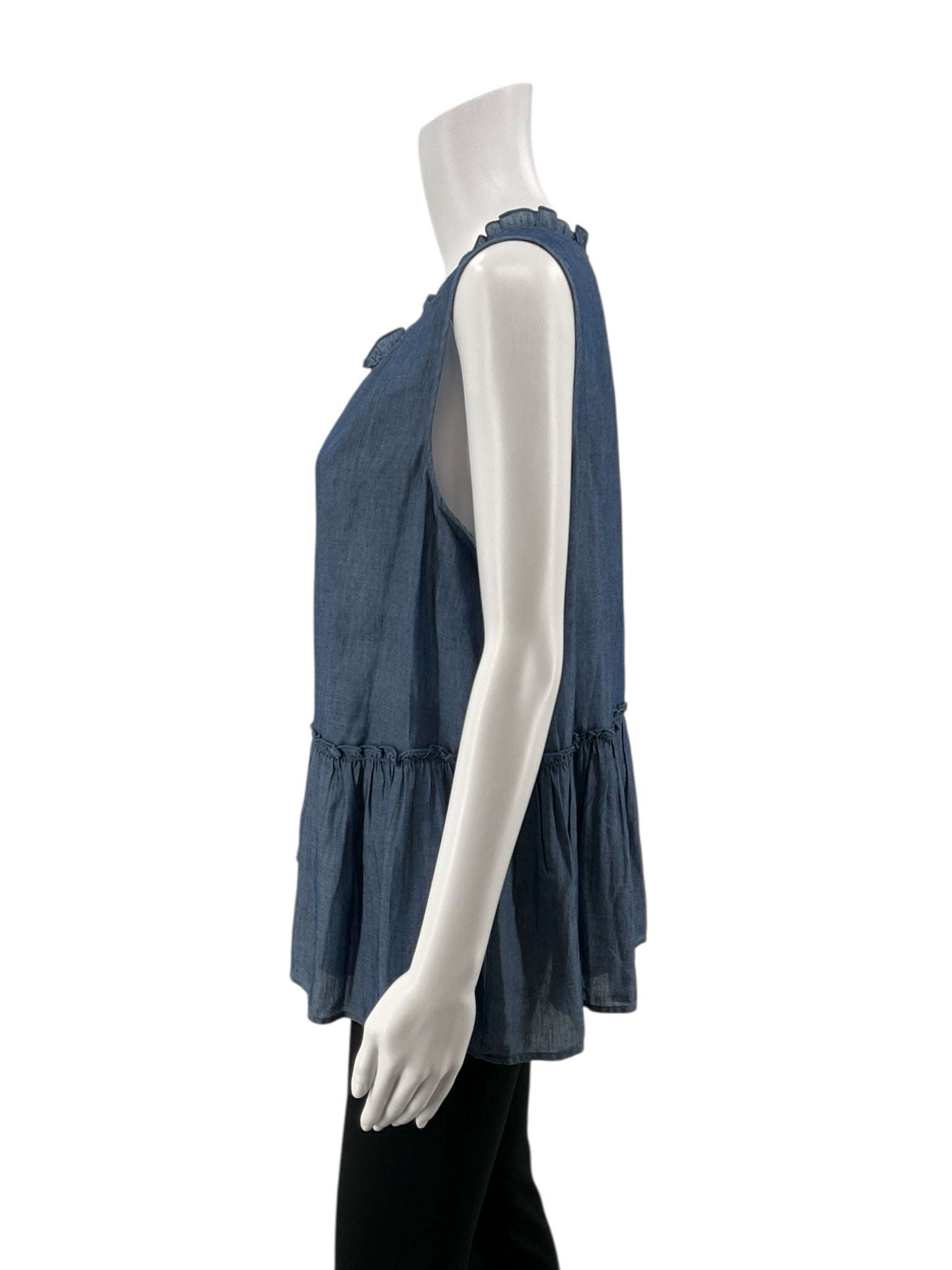LOFT Outlet Blue Sleeveless LOFT Ruffle Tie Neck Tiered Chambray Tunic Top NWT Size Large - Size L