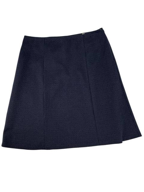 Flat lay of Coldwater Creek Navy Print Skirt Size 14, A-line silhouette, new with tags at Margaret's Fine Consignments. Elegant and versatile style.