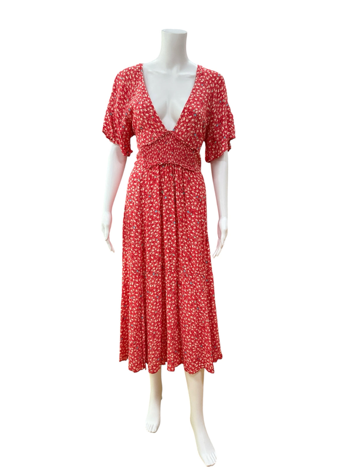 Free People Pink &amp; Tan Floral Boho V-Neck Mini Dress | Size Large - ONLINE ONLY