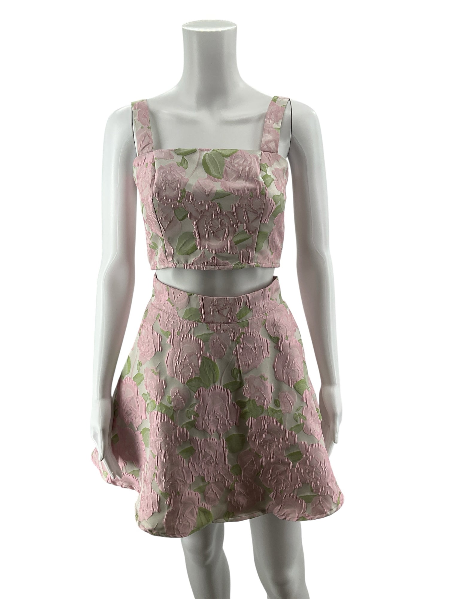 B.right Pink &amp; Green Rose Jacquard Two-Piece Skirt Set | Size Small