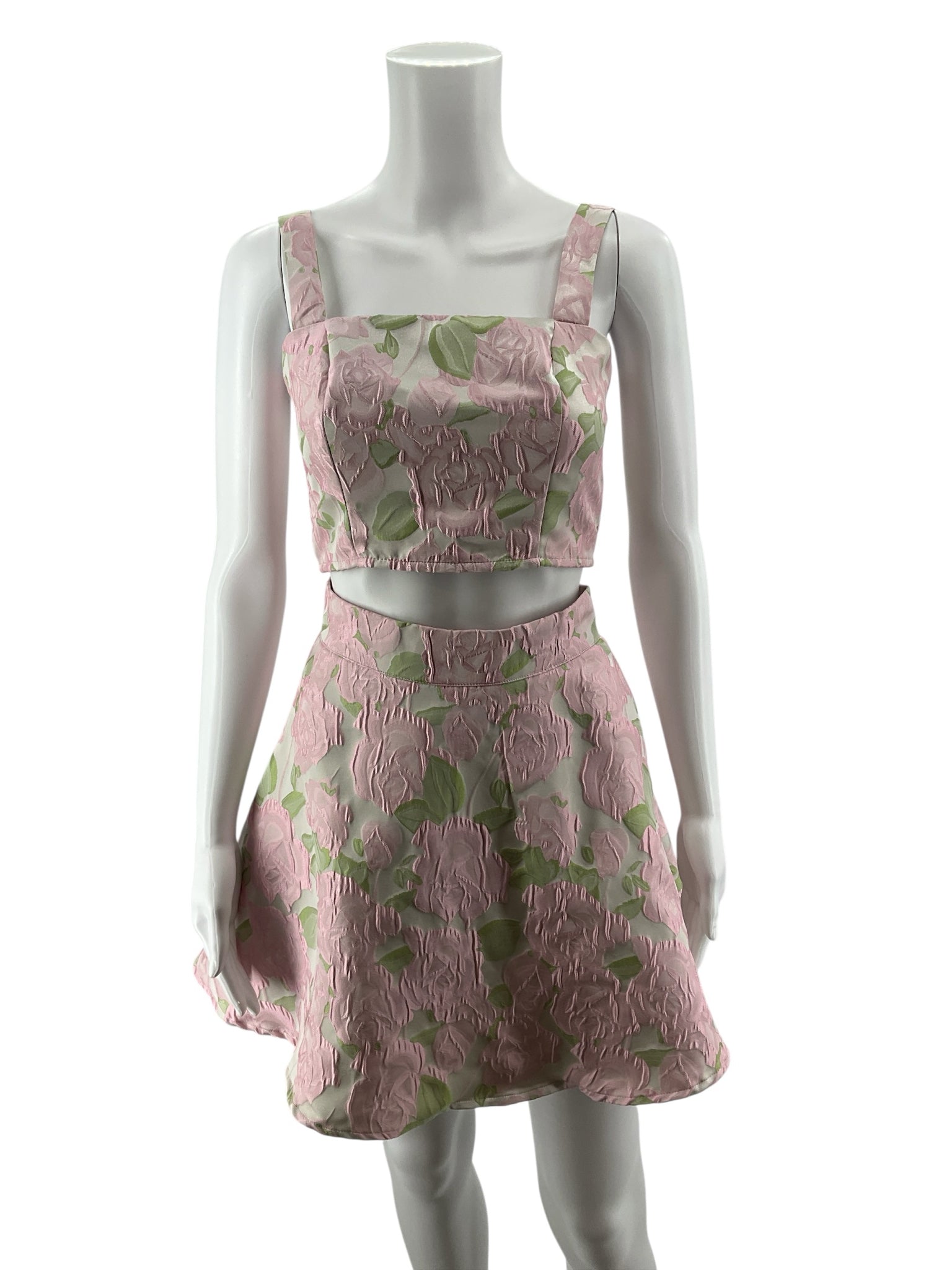 B.right Pink &amp; Green Rose Jacquard Two-Piece Skirt Set | Size Small