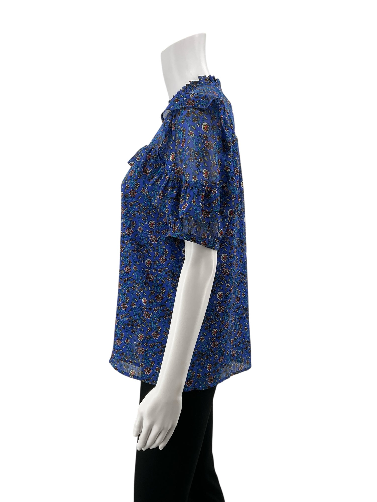 LOFT blue/red Short Sleeve Floral Ruffle Neck Flutter Sleeve Blouse Size Small Pre-Owned - Size S