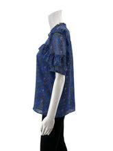 LOFT blue/red Short Sleeve Floral Ruffle Neck Flutter Sleeve Blouse Size Small Pre-Owned - Size S