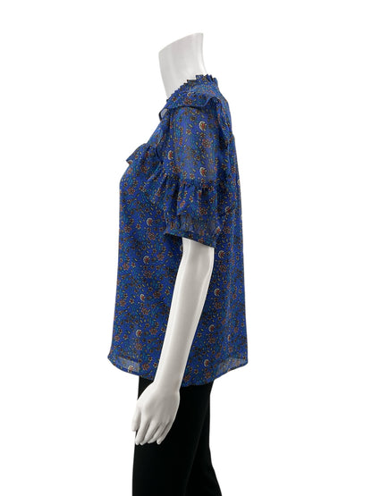 LOFT blue/red Short Sleeve Floral Ruffle Neck Flutter Sleeve Blouse Size Small Pre-Owned - Size S