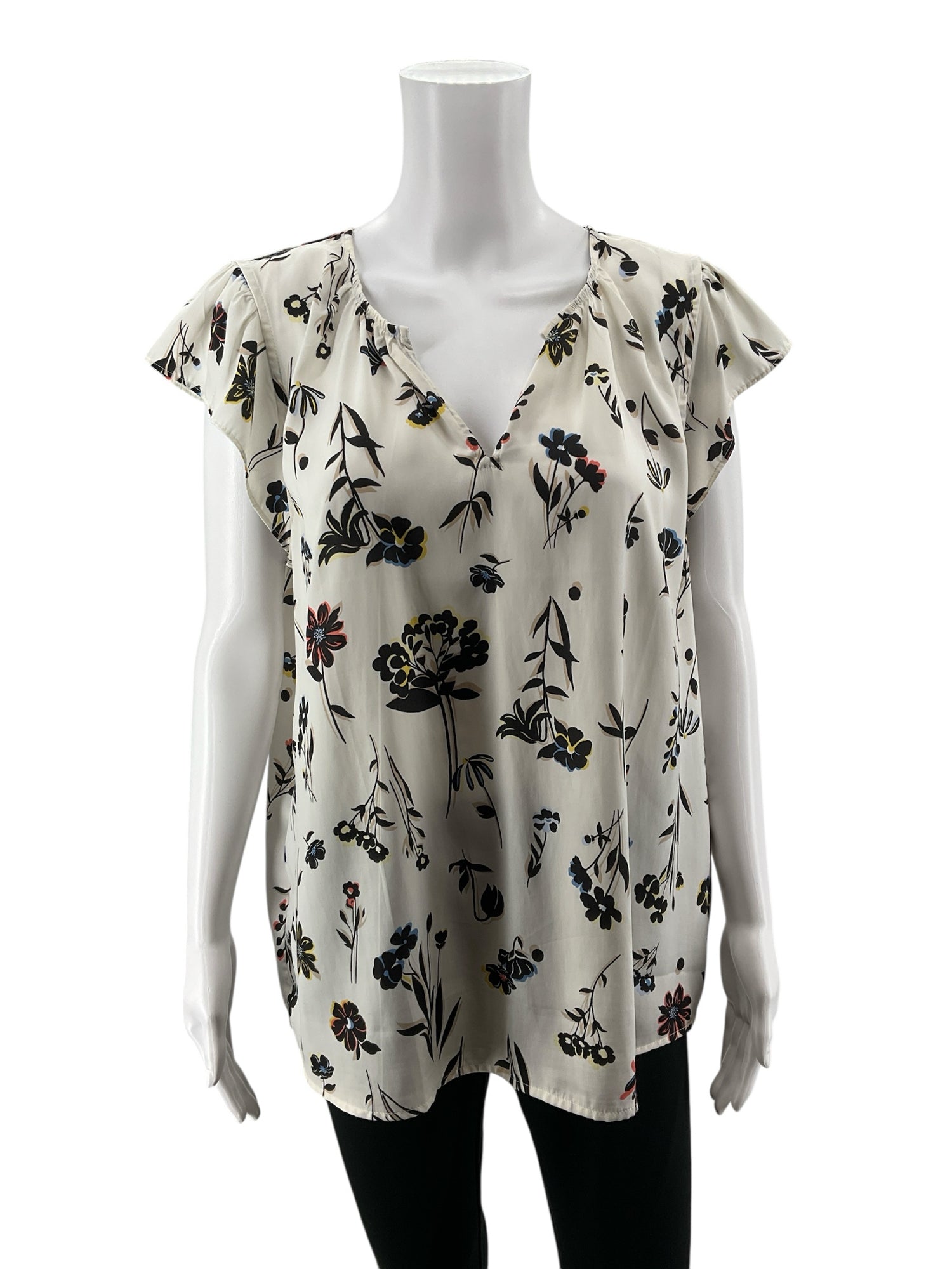 Ann Taylor white/black Cap Sleeve Floral Flutter Cap Sleeve Swing Blouse Top XL Ivory Black - Size XL