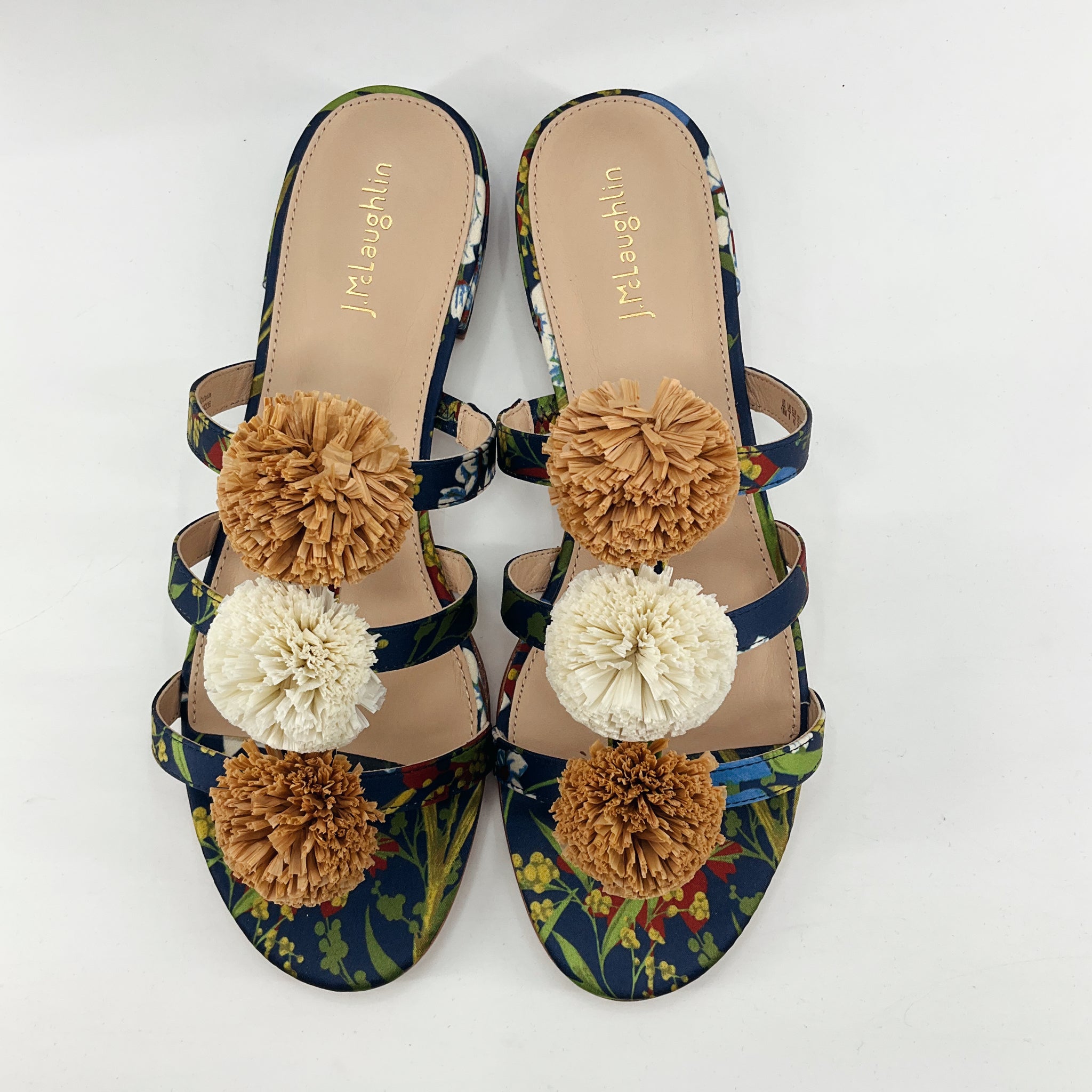J. McLaughlin Floral Print Raffia Pom-Pom Slide Sandals | Size 10 | New With Tags