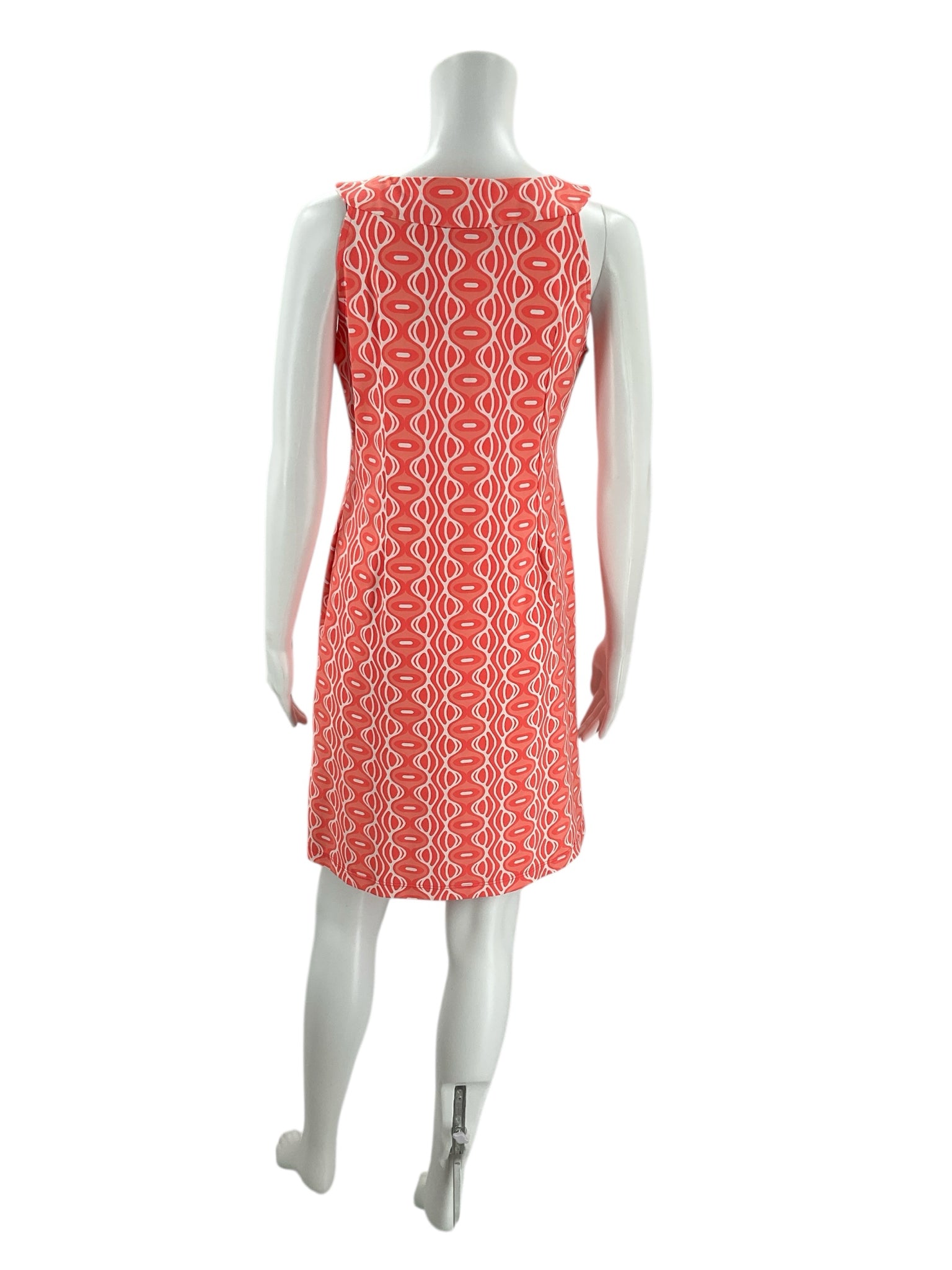 Back view of Katherine Way Coral/White Print Dress - Size Small showing full-length pattern and flattering cut, ideal for casual outings.
