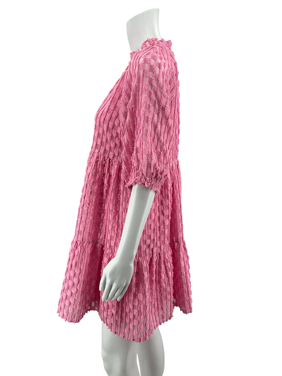 THML Pink Boucle Textured Puff Sleeve Babydoll Dress | Size XS