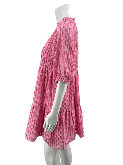 THML Pink Boucle Textured Puff Sleeve Babydoll Dress | Size XS