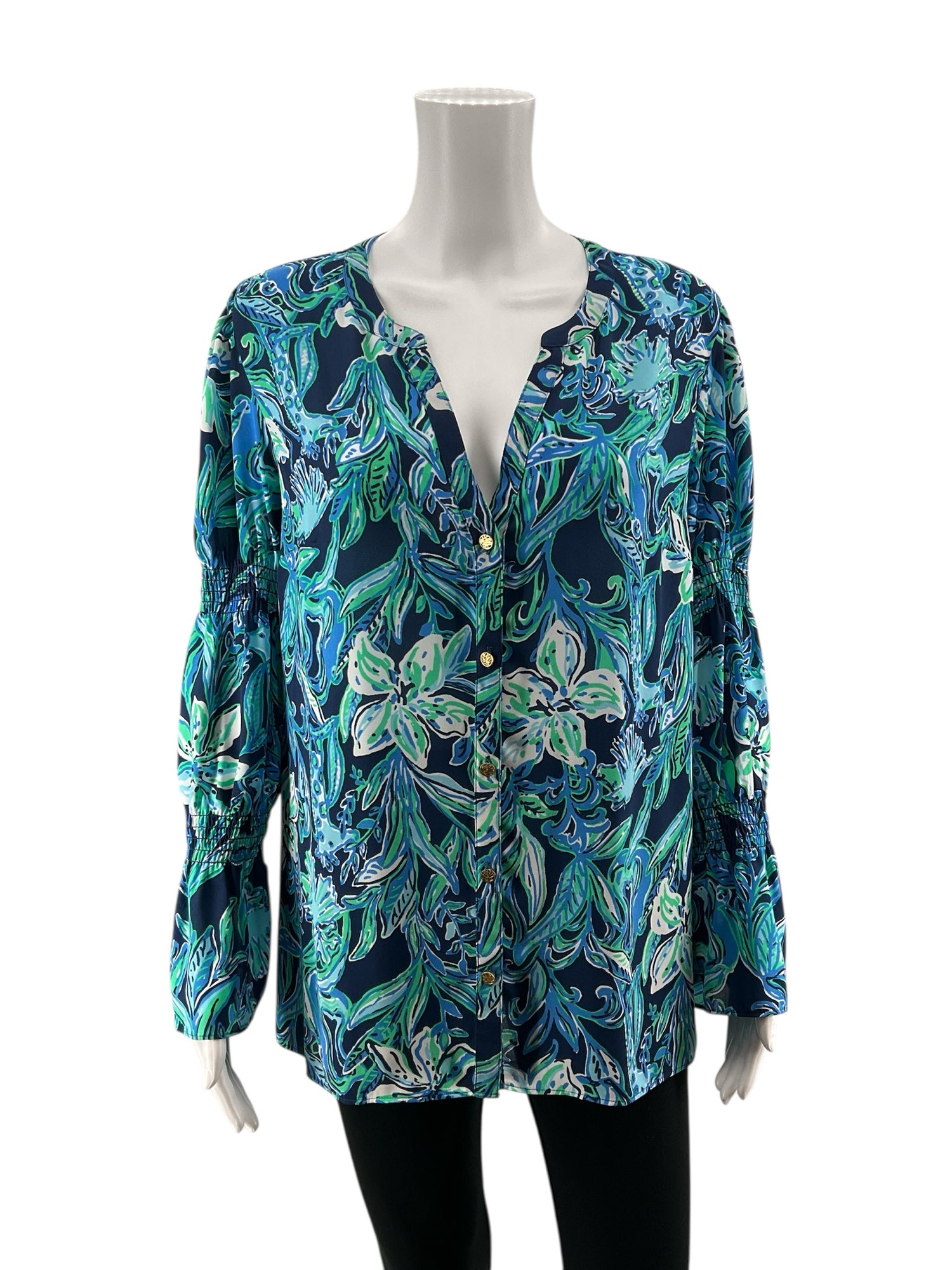 Lilly Pulitzer blues/teal/green Long Sleeve Blues/Teal/Green Floral Pre-Owned Casual Top - Size Large - Size L