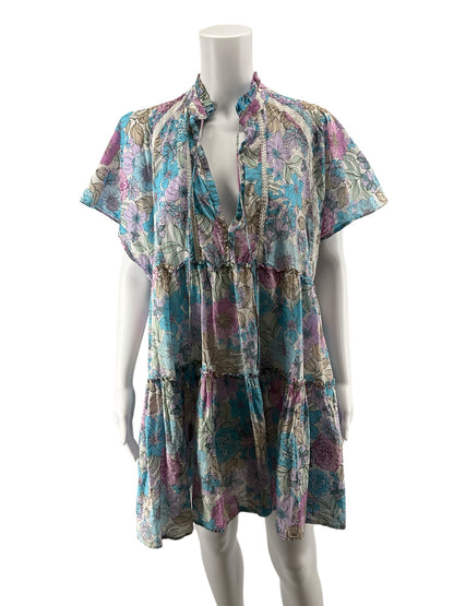 Karlie Floral Smocked Tiered Mini Dress Blue Purple Ruffle Tie Neck Size Large