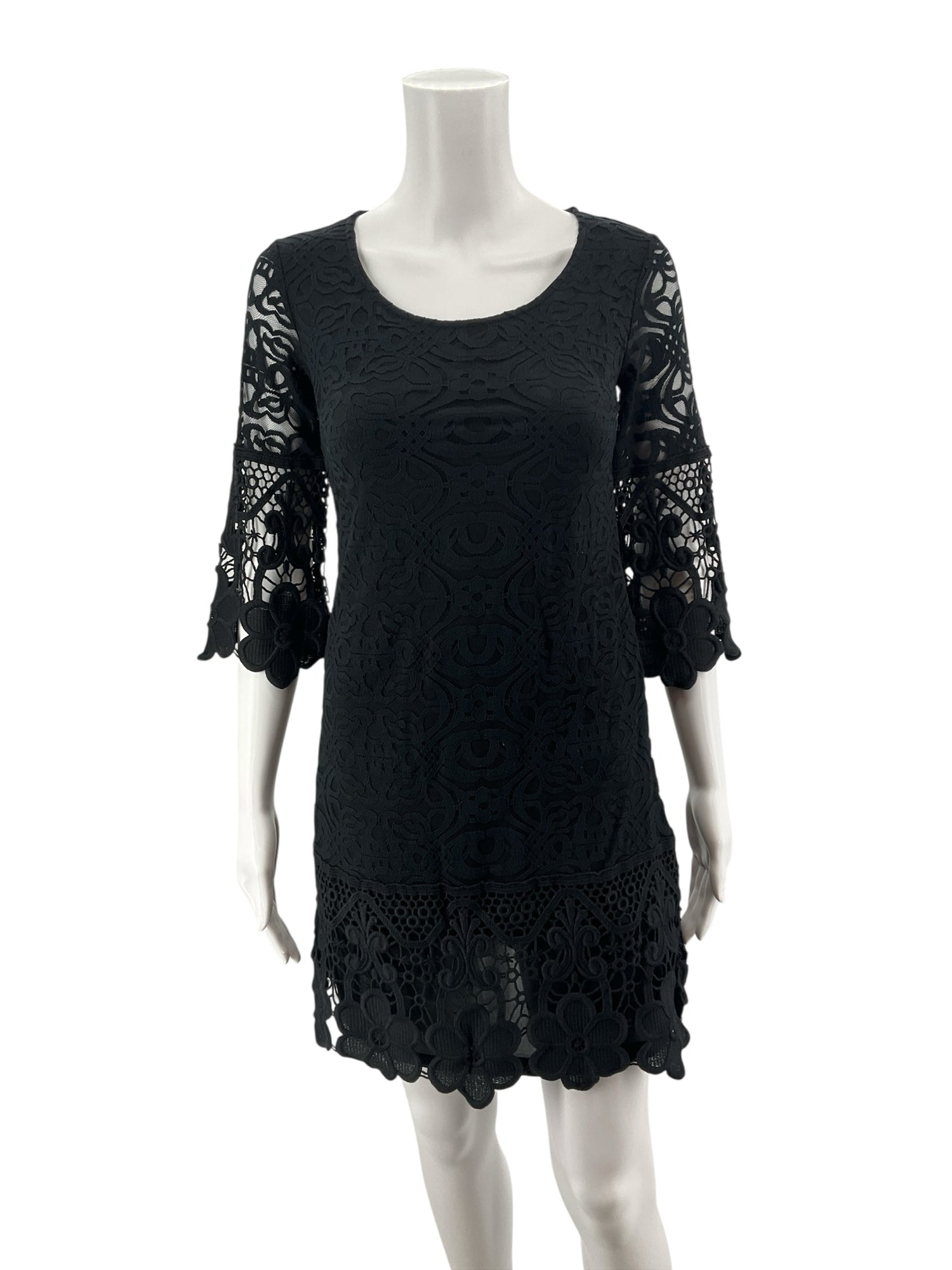Alfani Petite Black Crochet Lace Bell Sleeve Tiered Mini Dress PP
