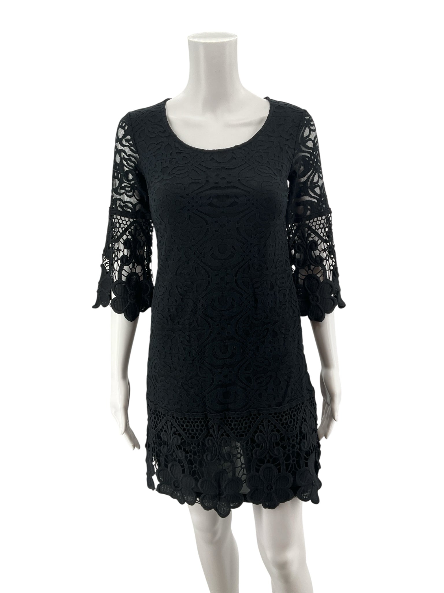 Alfani Petite Black Crochet Lace Bell Sleeve Tiered Mini Dress PP