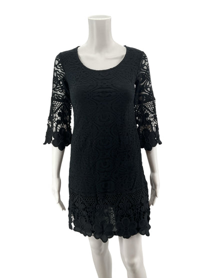 Alfani Petite Black Crochet Lace Bell Sleeve Tiered Mini Dress PP