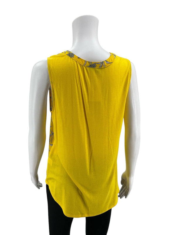 Back view of Papermoon Yellow Sleeveless Top Size Small showing solid yellow fabric and curved hem. Available at Margarets Fine Consignments.