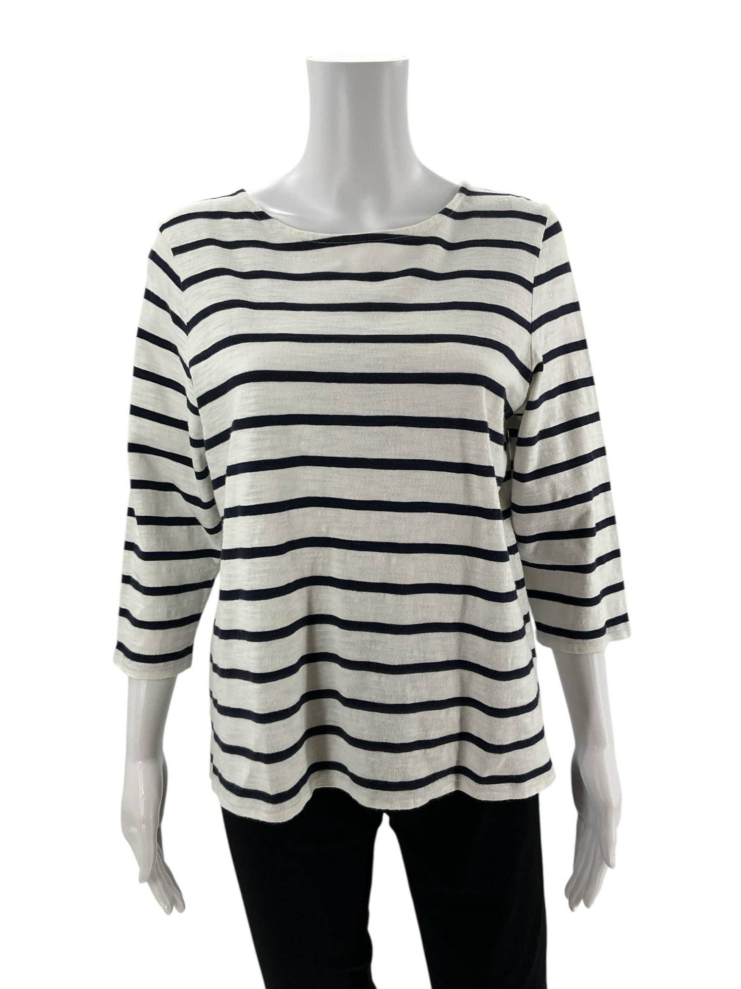 Talbots white and navy stripe boatneck top for ladies, size large petite, featuring a classic nautical design.