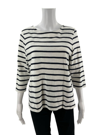 Talbots white and navy stripe boatneck top for ladies, size large petite, featuring a classic nautical design.