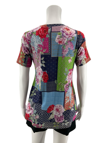 Johnny Was Patchy Tunic Top S Small Pink Blue Floral Bamboo Boho Pre-Owned