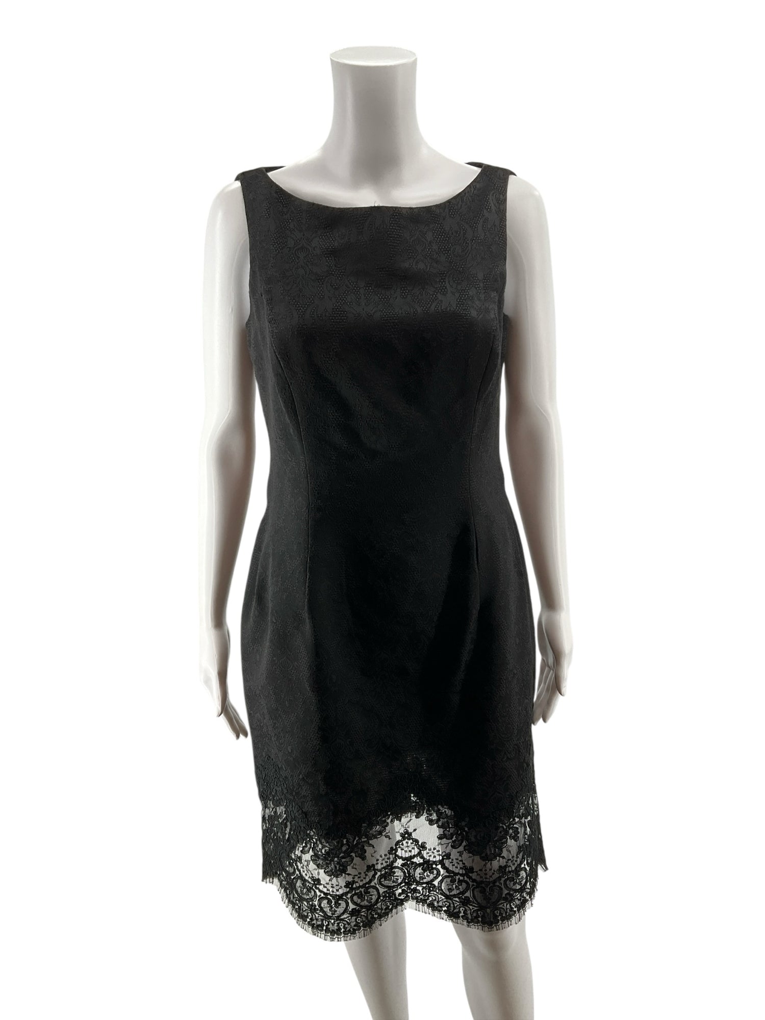 Carmen Marc Valvo Black Lace Baroque Jacquard Sheath Cocktail Dress Size 10